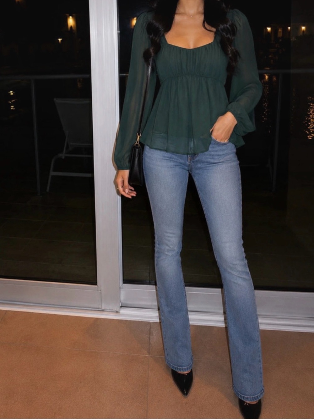 Abercombie & Fitch Dark Green Sheer Squareu-Neck Peplum Blouse